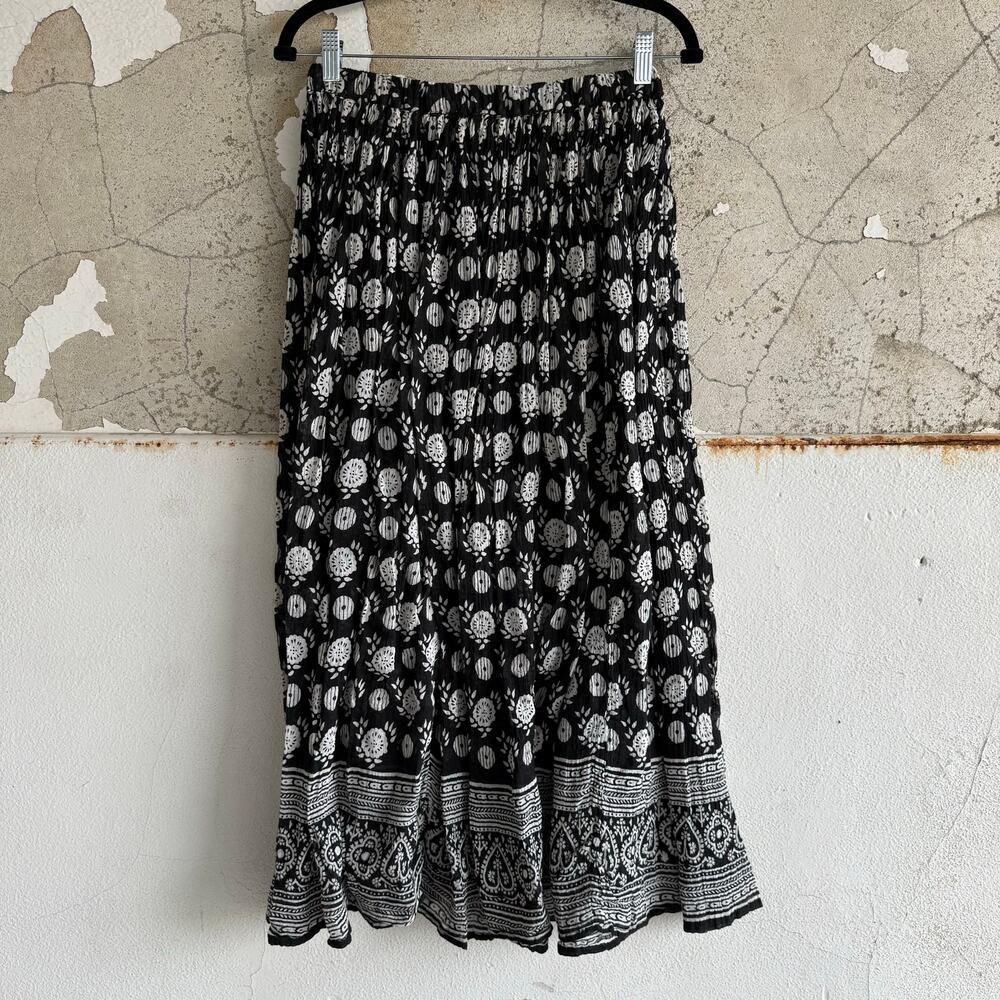 Vtg Midi Skirt Crinkle Cotton Black White Block Print Bohemian Cottagecore OS